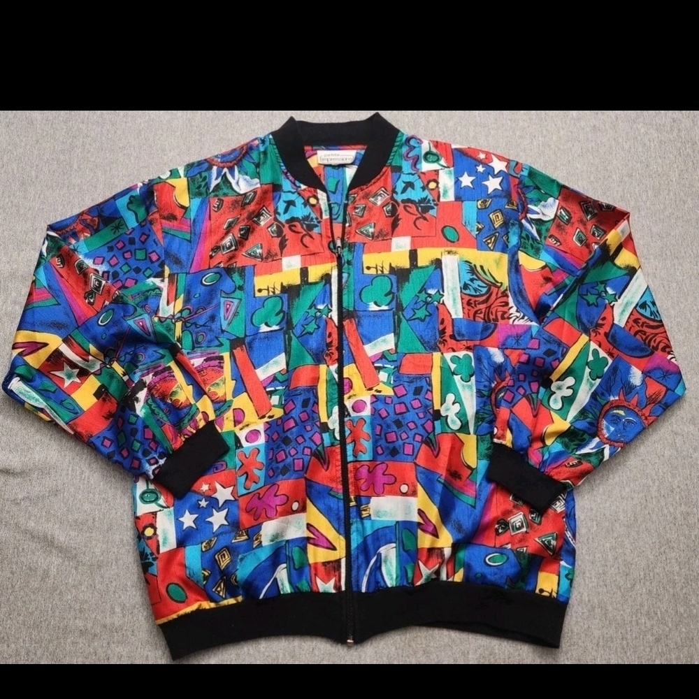 Vtg Petite Impressions Women Size 8 Retro Abstract Art Bomber Jacket Made USA